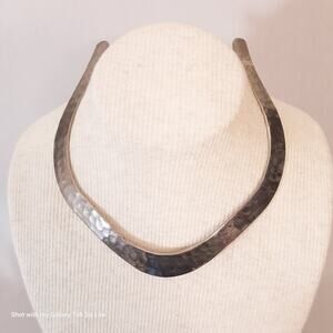 Rigid Cuff Choker Necklace Silver Hammered Silver Tone Metal Open Back